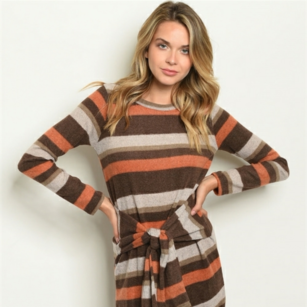 Striped Tie Waist Midi Sweater Dress